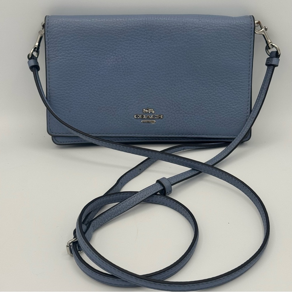 Coach Hayden Foldover Crossbody Clutch Bag Cornflower Blue Pebbled Leather